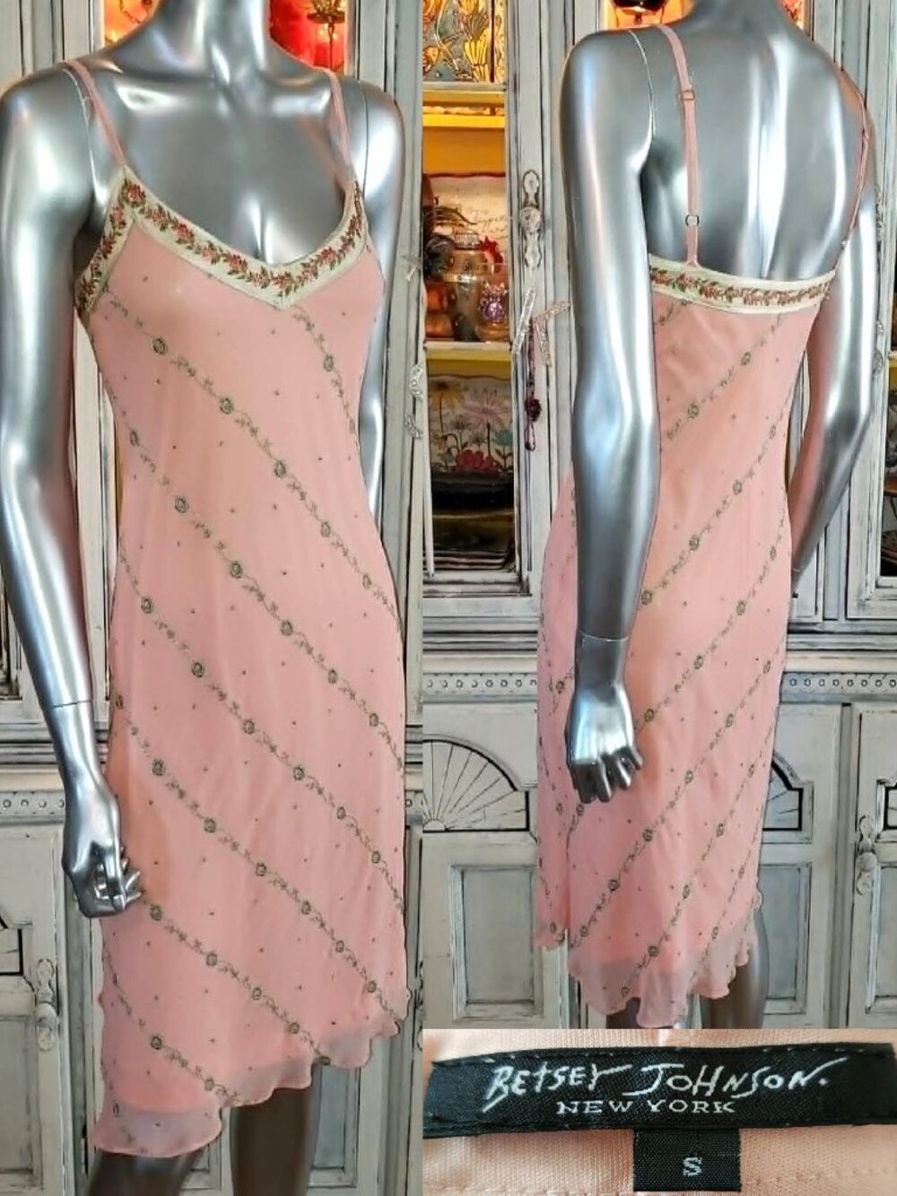 Vintage Betsey Johnson New York 90s Pink Silk Floral Embroidered Slip Dress